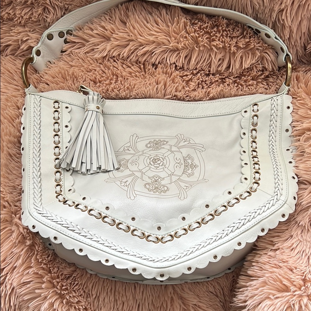 Kate Landry White Shoulder Bag with Tassel and Silver Accents